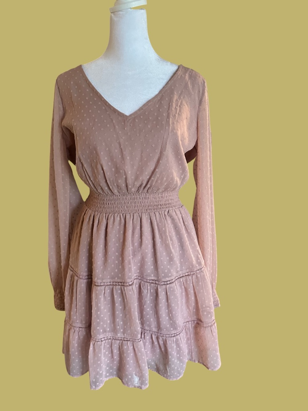 Hollister Dusty Rose Tiered Long-Sleeve V-Neck Dress